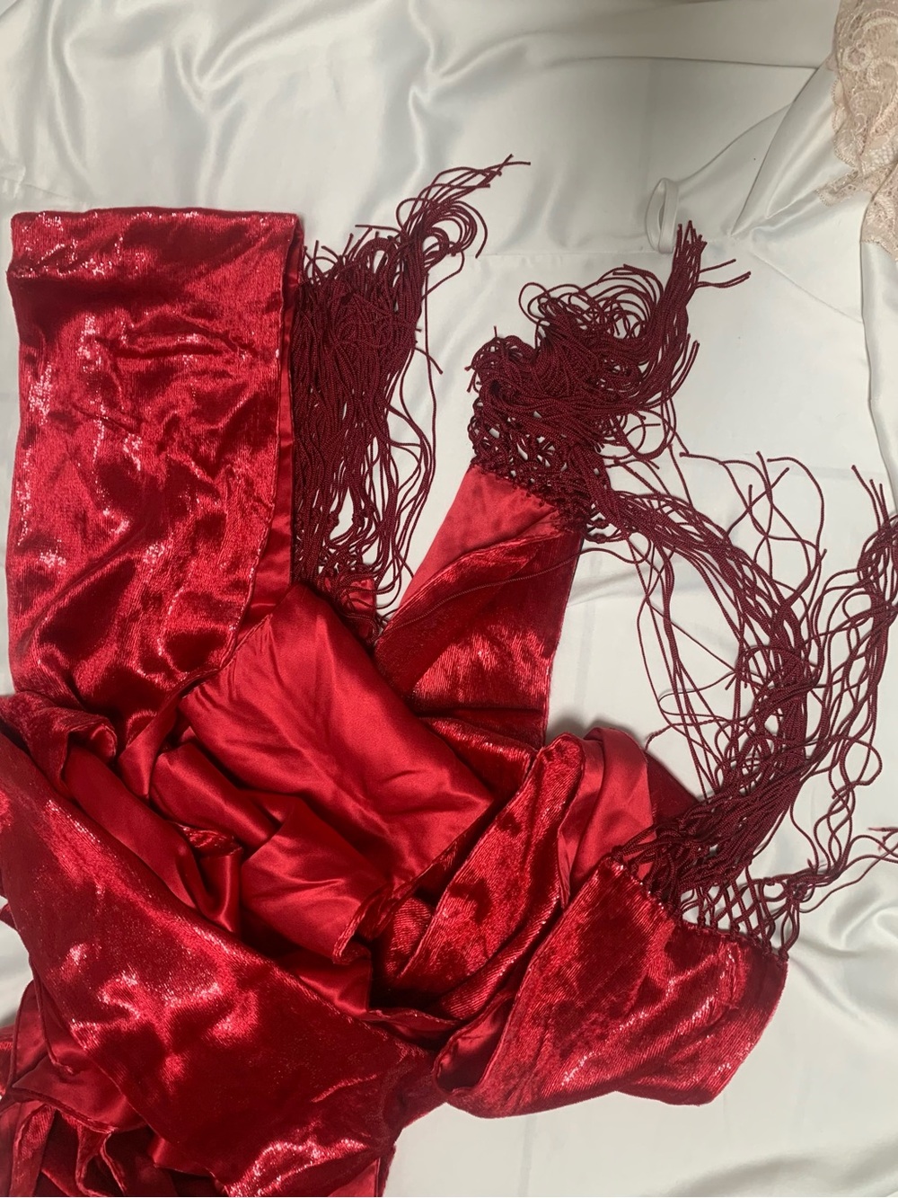 2 Escada Red Satin Fringe Scarfs